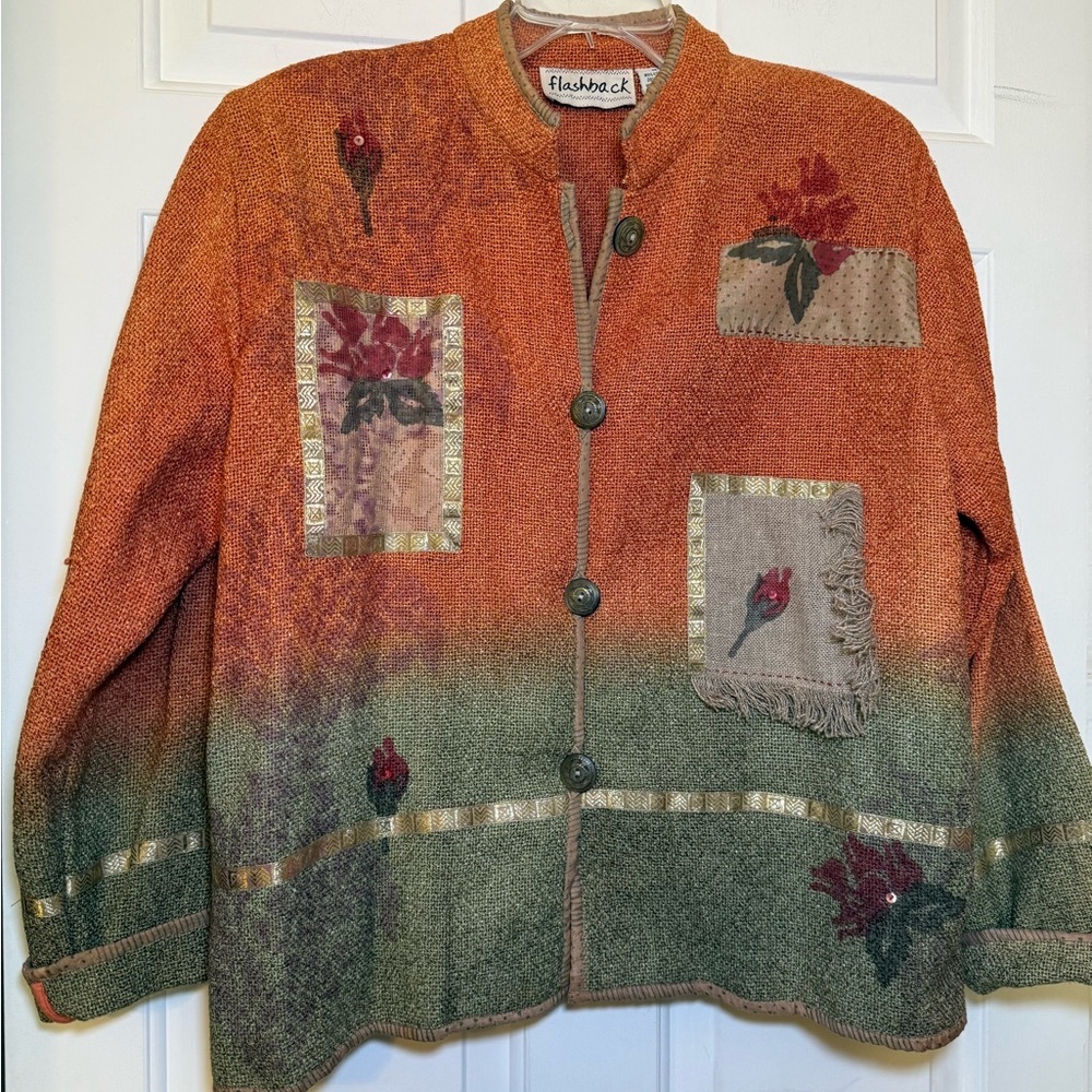 Flashback Orange & Tan Floral Patchwork Vintage Jacket Medium Fringe Boho Burlap